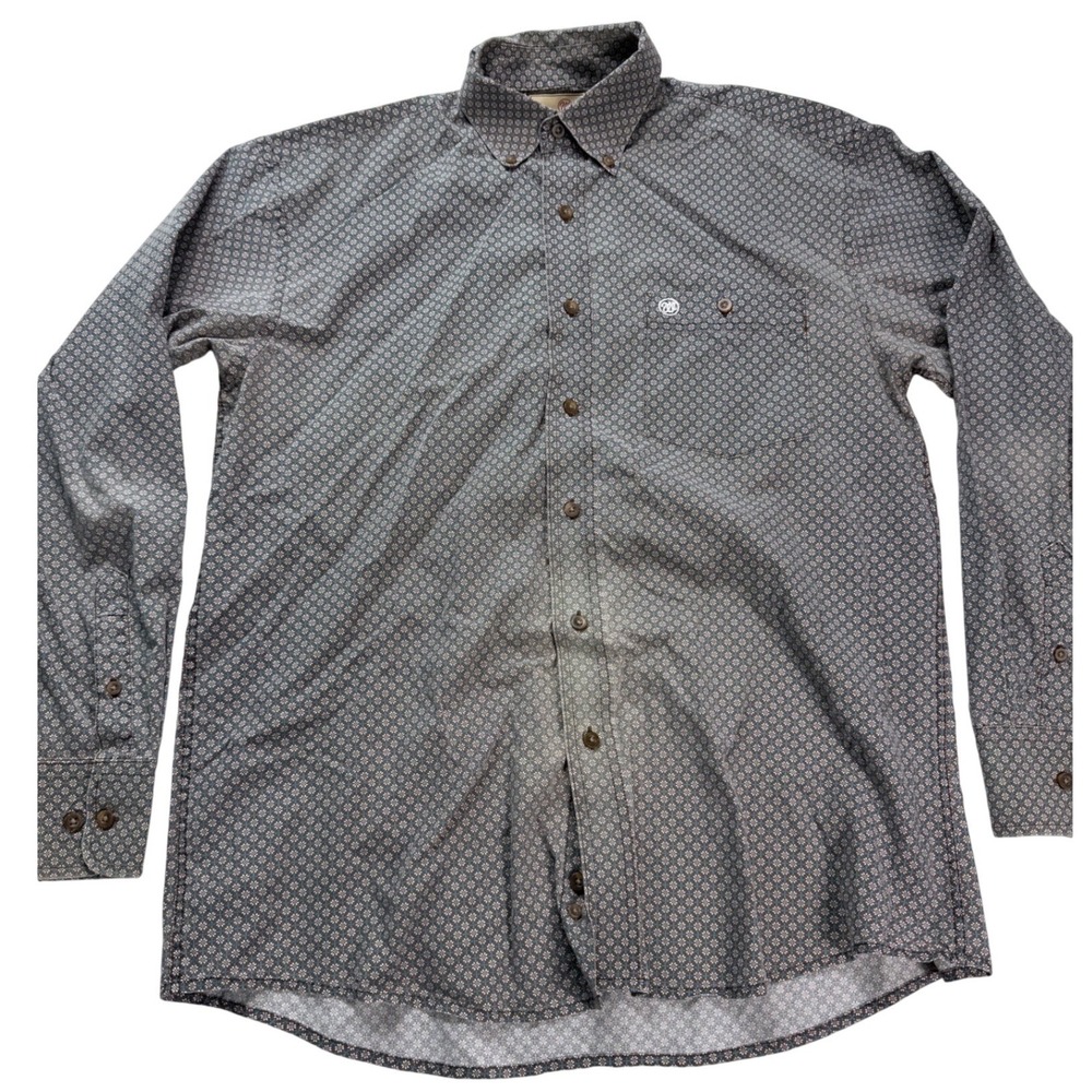 Wrangler Mens Geometric Print Long Sleeve Button Down Shirt Brown Blue Size M